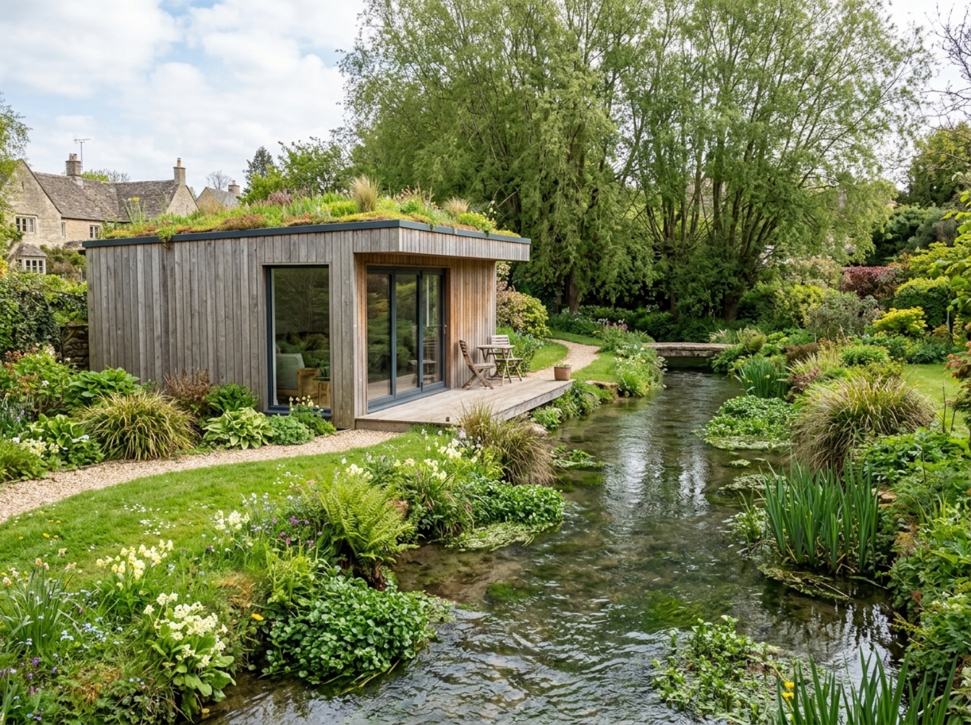 Larch-clad garden room with a green roof beside a clear chalk stream at the bottom of a village garden