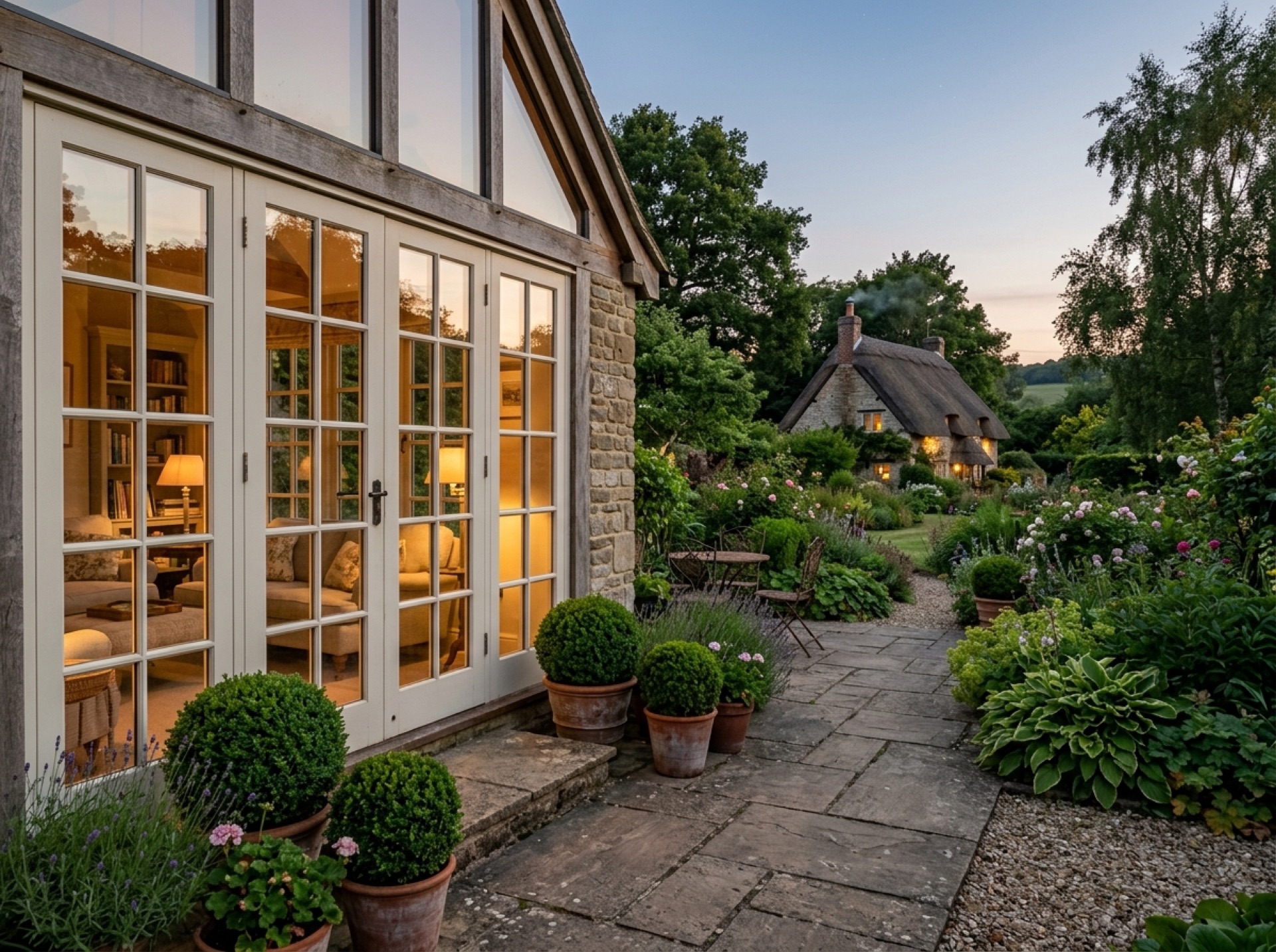 Garden room glowing at dusk behind tall glazed doors, with a stone terrace and potted box balls
