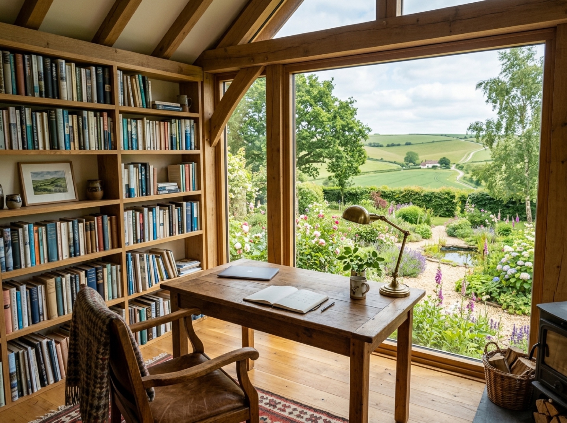 Garden office with a wooden desk and bookshelves, its window looking out over rolling chalk downland