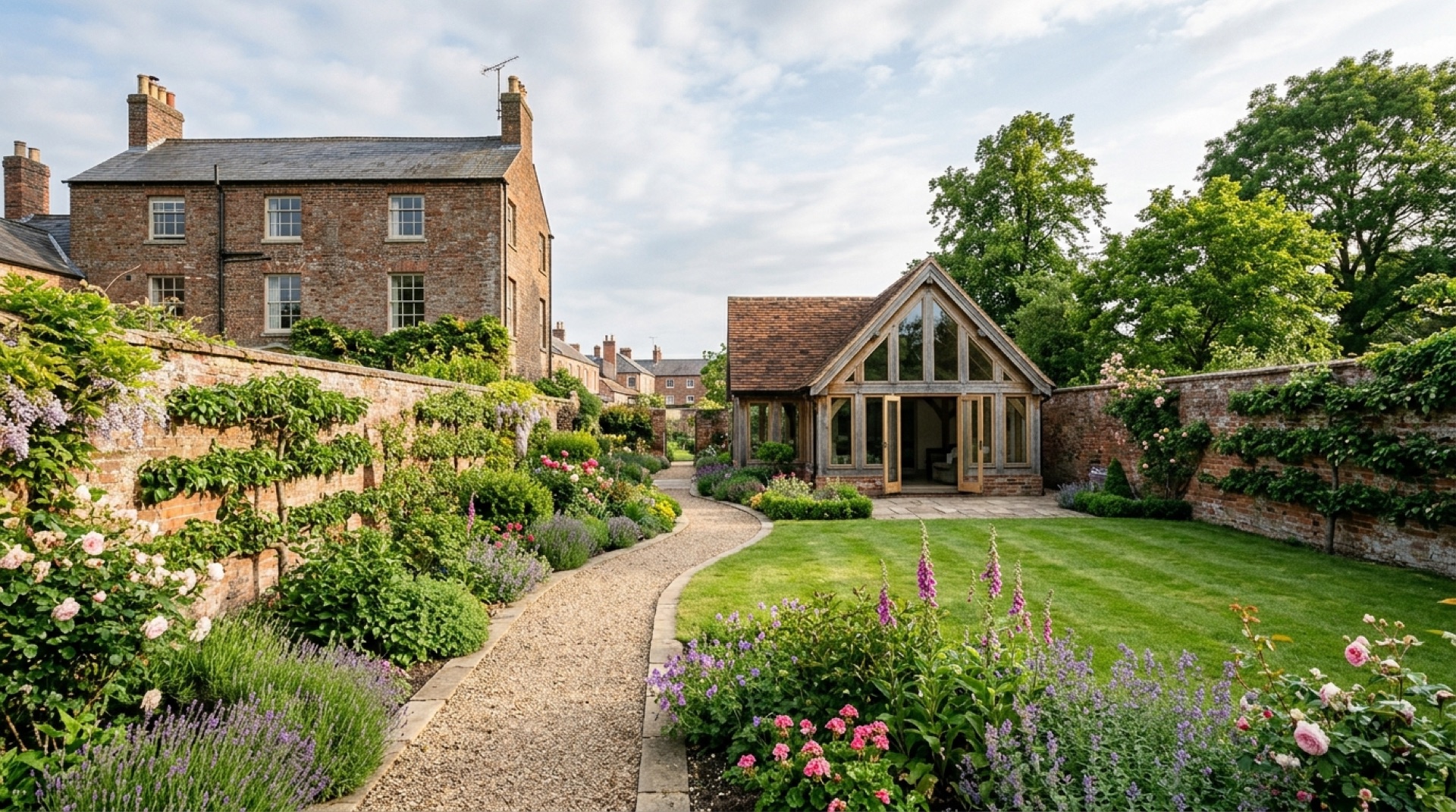 Oak-framed garden room with a glazed gable at the end of a walled garden behind a Georgian brick townhouse