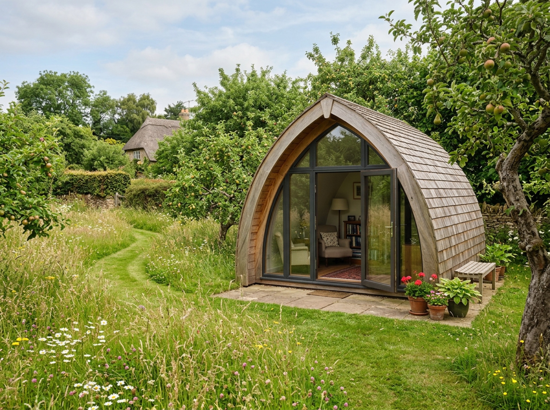 Curved-roof garden room with full-height glazing among fruit trees in a village orchard garden