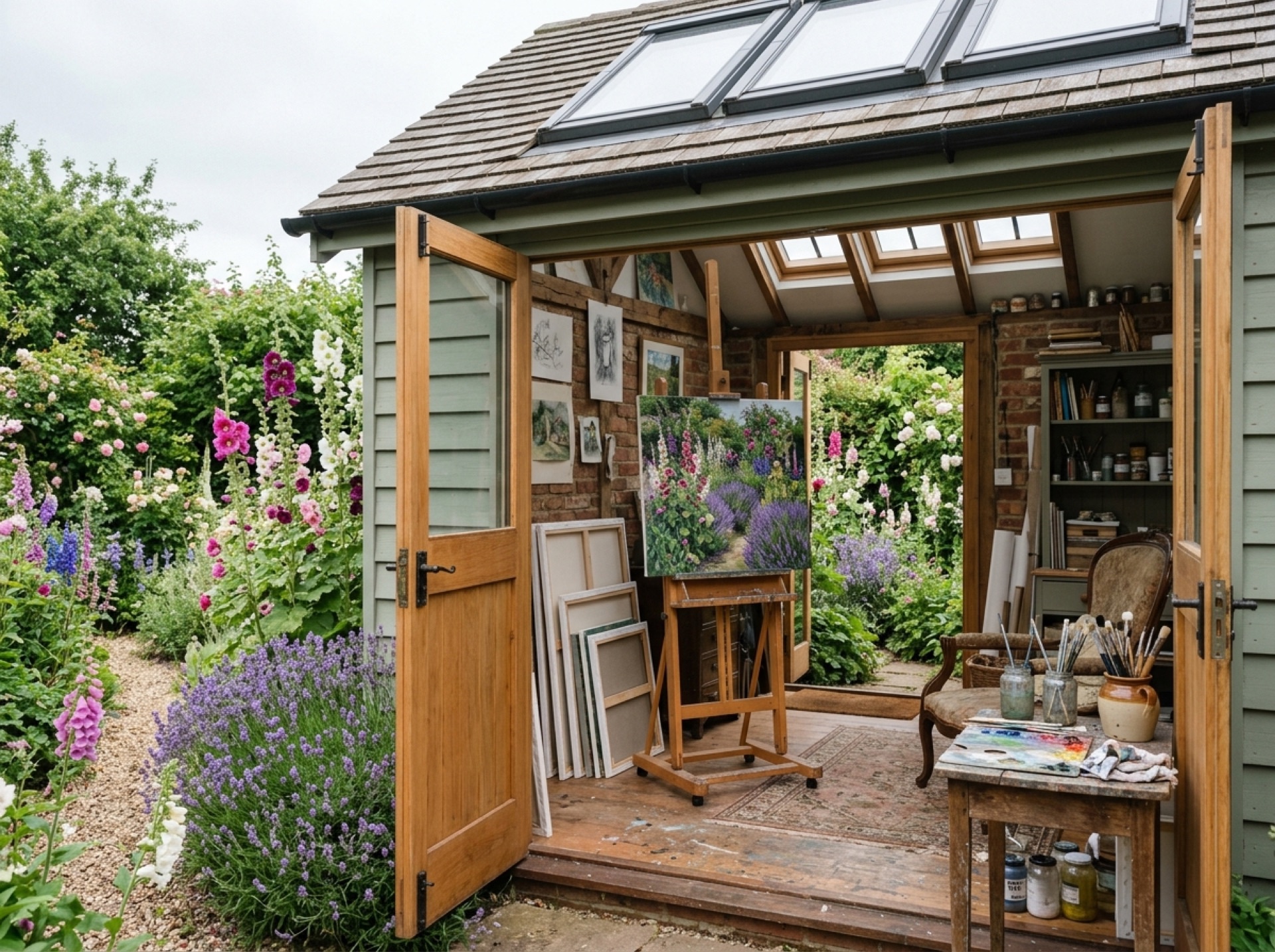 Garden studio with roof lights used as a painter's studio, doors open to a cottage garden