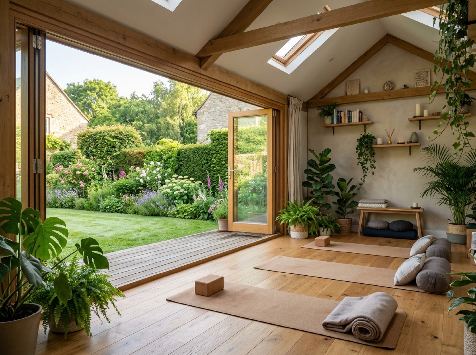 Garden room used as a yoga space with a wooden floor and plants, doors open onto a country garden